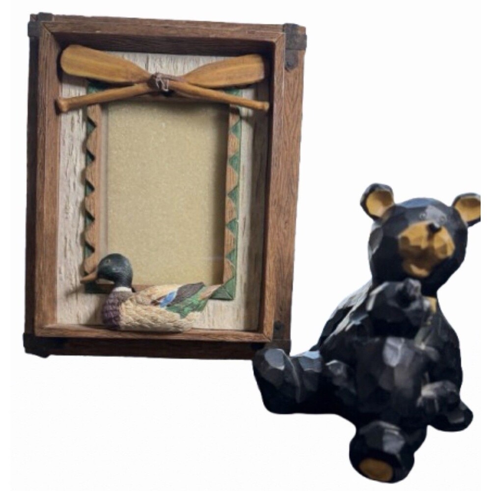 Vintage Rustic Cabin Decor Lot Duck Photo Frame Black Bear Cub Figurine Lodge
